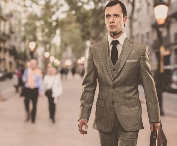 Man in classic grey suit with briefcase walking outdoors Stock Picture