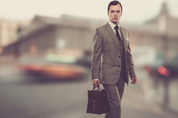 Man in classic grey suit with briefcase outdoors Stock Photo