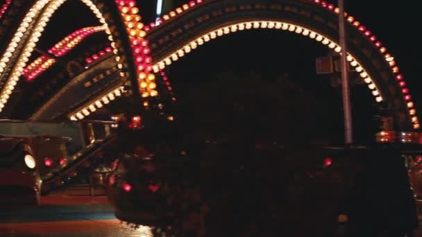 Карусели в парке развлечений ночью — стоковое видео
