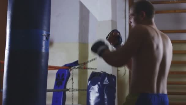 Young boxer trains on punching bag — Stock Video