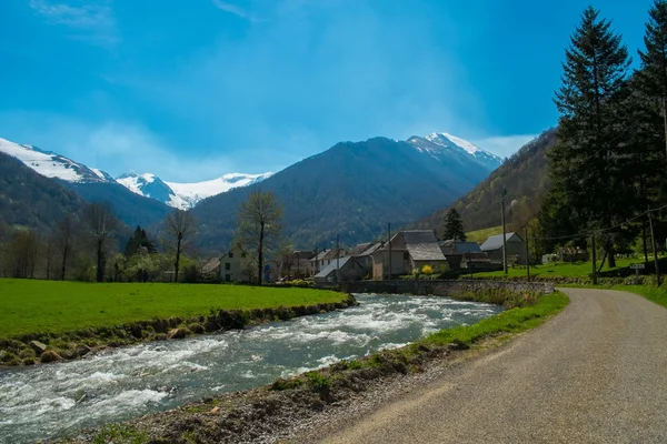 Деревня рядом с рекой с видом на Пиренеи — стоковое фото