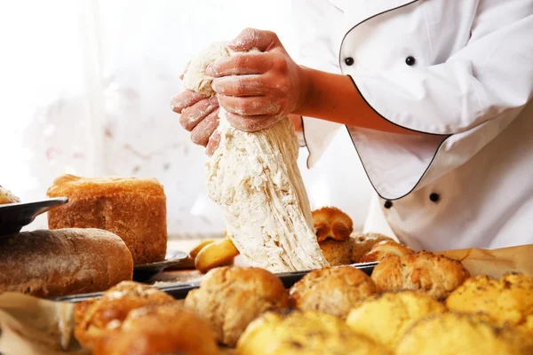 Cook hands preparing dough for homemade pastry — Stock Photo, Image