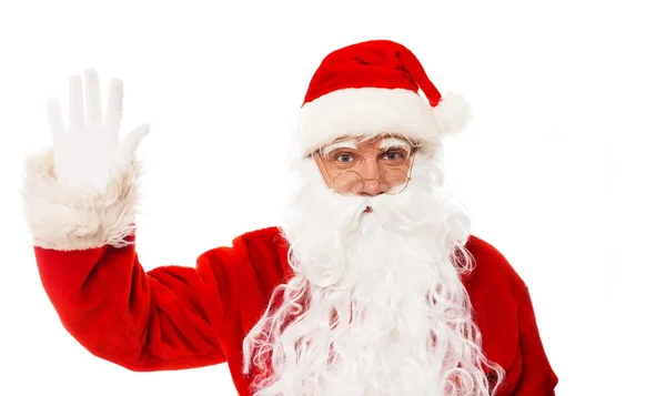 Santa Claus mostrando con gestos algo aislado sobre fondo blanco —  Fotos de Stock