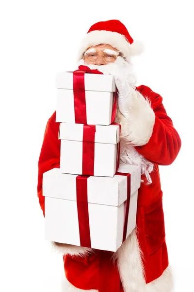 Papai Noel com caixas de presente isoladas em fundo branco — Fotografia de Stock