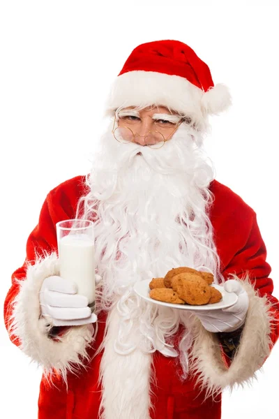 오트밀 쿠키와 우유 흰색 배경에 고립의 유리 산타 클로스 — 스톡 사진