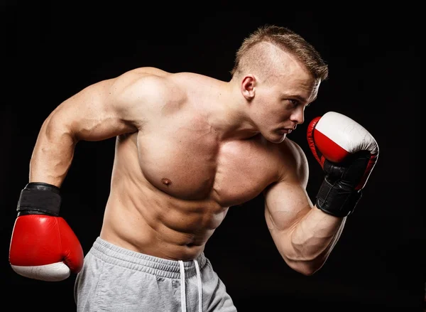 Guapo musculoso joven usando guantes de boxeo —  Fotos de Stock