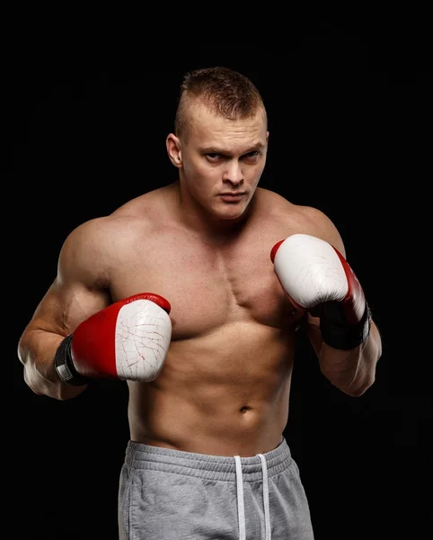 Guapo musculoso joven usando guantes de boxeo —  Fotos de Stock