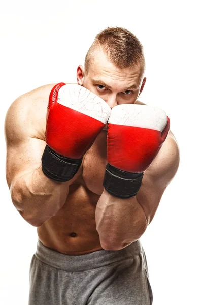 Bonito jovem musculoso usando luvas de boxe — Fotografia de Stock