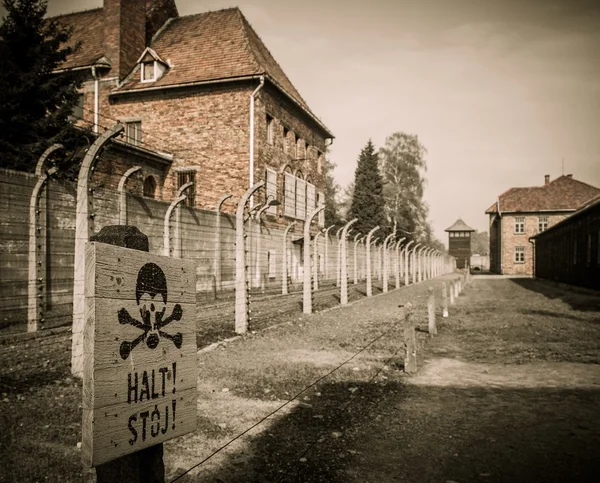 Clôture électrique dans l'ancien camp de concentration nazi Auschwitz I, Pologne — Photo