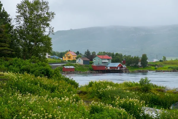 Casas escandinavas tradicionais perto de água na Noruega — Fotografia de Stock