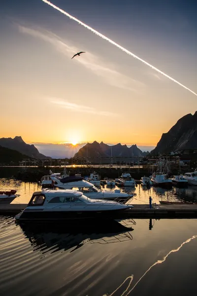 Yachts and boats near moorage at sunset in Reine village, Norway — Stock Photo, Image