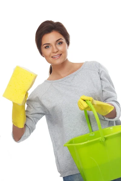 Young woman with bucket and sponge — Stock Photo, Image