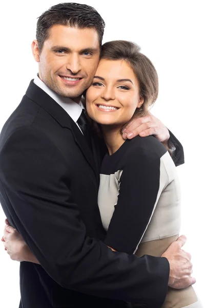 Schönes junges Paar in Anzug und Kleid isoliert auf weißem Hintergrund — Stockfoto