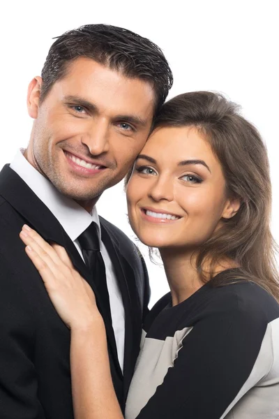 Schönes junges Paar in Anzug und Kleid isoliert auf weißem Hintergrund — Stockfoto