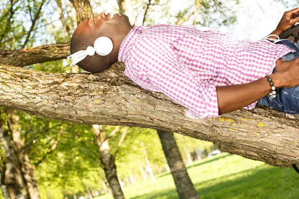 Young african american lying on a tree branch in a park and listens to music — Stock Photo, Image