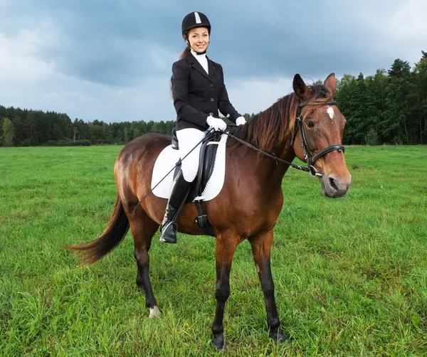 Jovem alegre livrando cavalo em um campo — Fotografia de Stock