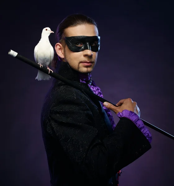 Jovem bonito morena mágico homem no palco traje com seus treinados pombas brancas — Fotografia de Stock
