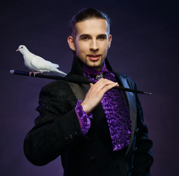 Mladá hezká bruneta kouzelník muž v kostýmu fázi s jeho vyškolení bílé holubice — Stock fotografie