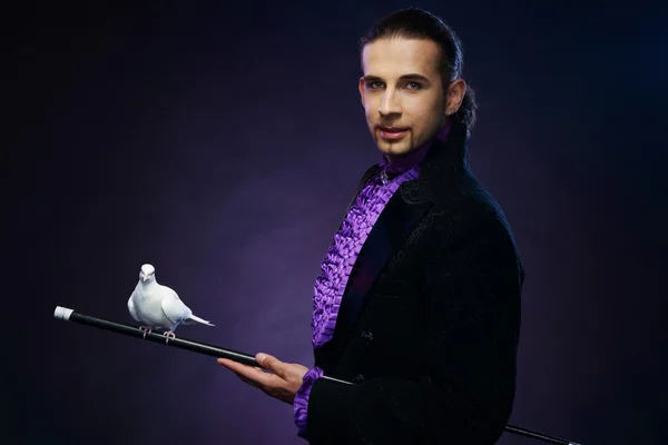 Young handsome brunette magician man in stage costume with his trained white doves — Stock Photo, Image