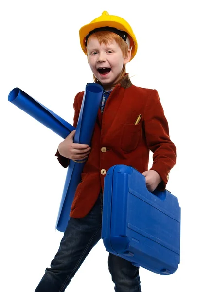 Niño pequeño con planes y caja de herramientas jugando rol de ingeniero —  Fotos de Stock