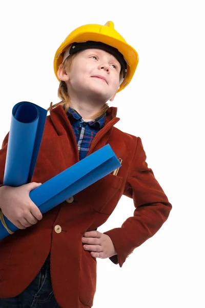 Menino com planos e papel de engenheiro da caixa de ferramentas — Fotografia de Stock