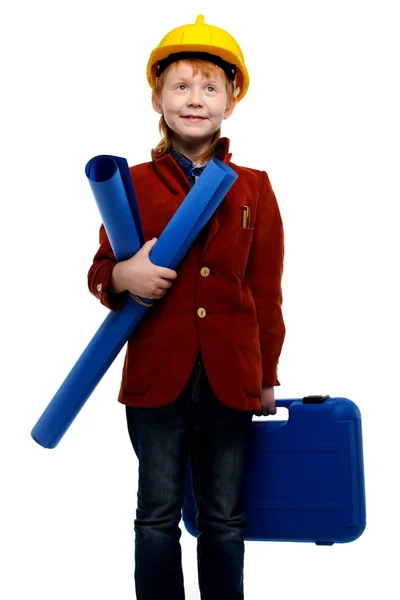 Menino com planos e papel de engenheiro da caixa de ferramentas — Fotografia de Stock