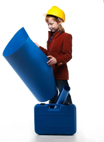 Little boy with plans and toolbox playing engineer role — Stock Photo, Image