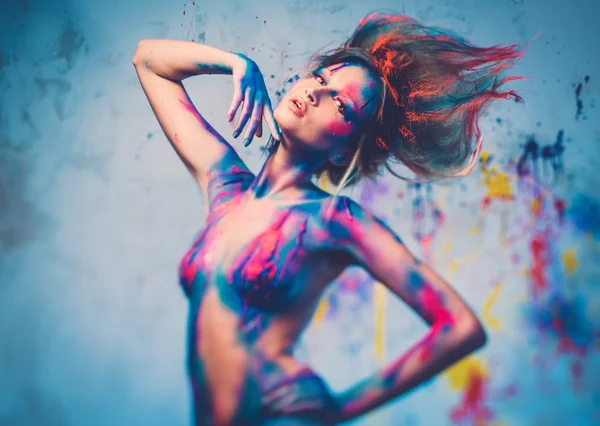 Young woman muse with creative body art and hairdo — Stock Photo, Image