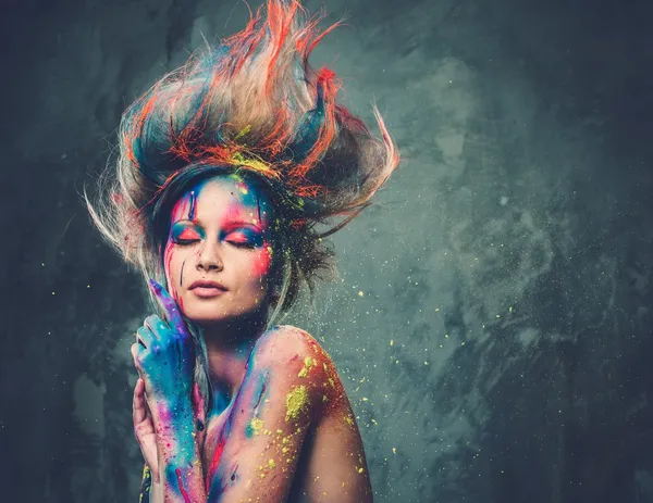 Young woman muse with creative body art and hairdo — Stock Photo, Image