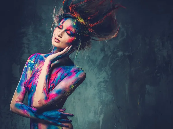 Young woman muse with creative body art and hairdo — Stock Photo, Image