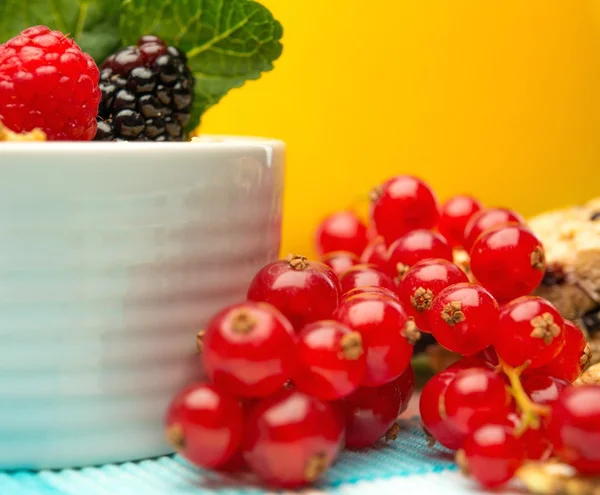 Frische Beeren und Schale mit Müsli in Nahaufnahme — Stockfoto