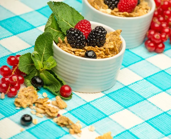 Schälchen mit Müsli und frischen Beeren auf Tischdecke — Stockfoto