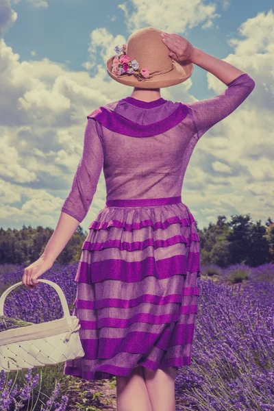 Žena ve fialové šaty a klobouk s koš levandule pole — Stock fotografie