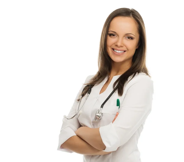 Giovane donna medico bruna positivo isolato su bianco — Foto Stock
