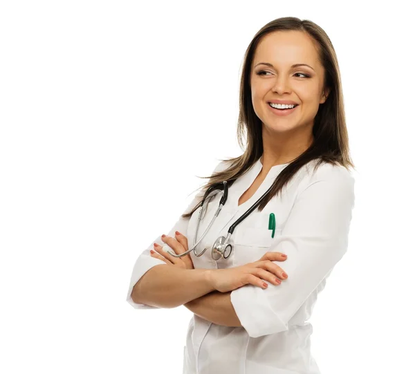 Young positive brunette doctor woman isolated on white — Stock Photo, Image