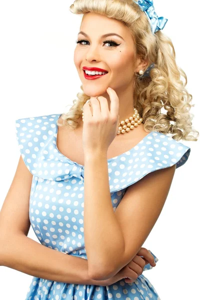 Sexy blond pin up style young woman in blue dress — Stock Photo, Image