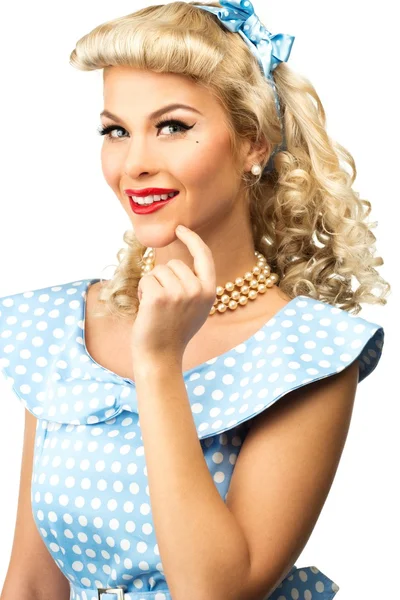 Sexig blond pin-up stil ung kvinna i blå klänning — Stockfoto