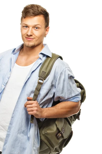 Estudante jovem elegante com mochila isolada em branco — Fotografia de Stock