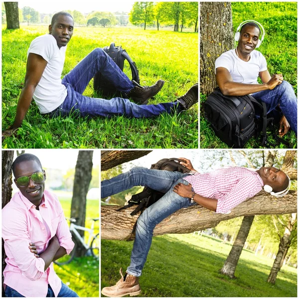 Positivo giovane uomo afroamericano in un collage del parco — Foto Stock