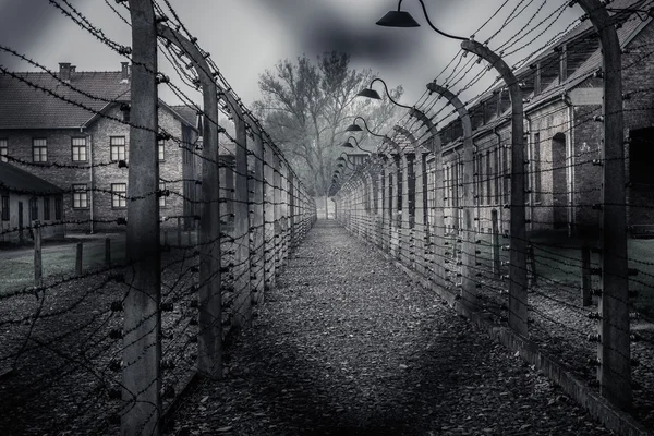 Elektrikli çit içinde eski nazi toplama kampı auschwitz ı, Polonya — Stok fotoğraf