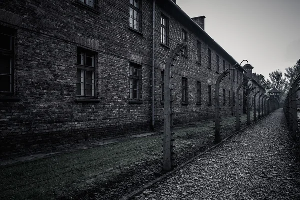 Recinzione elettrica nell'ex campo di concentramento nazista Auschwitz I, Polonia — Foto Stock