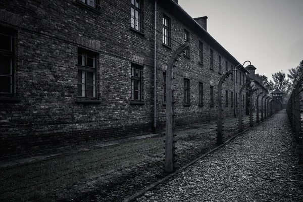 Cerca elétrica no antigo campo de concentração nazista Auschwitz I, Polônia — Fotografia de Stock