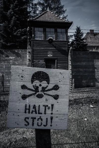 Stop sign in former Nazi concentration camp Auschwitz I, Poland — Stock Photo, Image