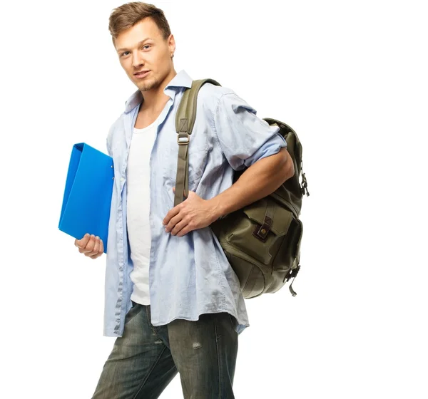 Elegante giovane studente con zaino e cartella — Foto Stock