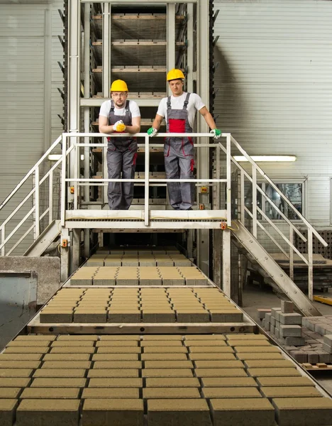 Two men in a safety hats on a factory — Stock Photo, Image