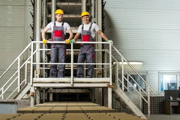 Dos hombres con sombreros de seguridad en una fábrica — Foto de Stock
