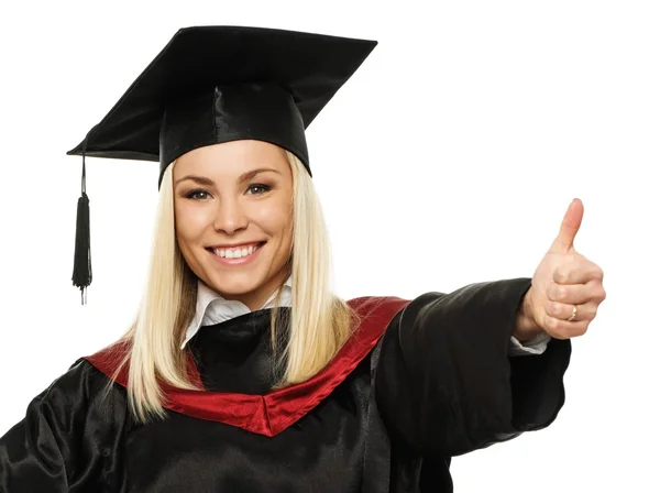 Happy graduated student girl with thumb up isolated on white — Stock Photo, Image