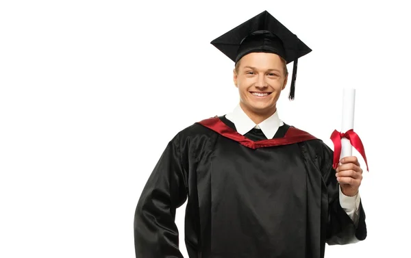 Vrolijke jonge afgestudeerde student man geïsoleerd op wit — Stockfoto