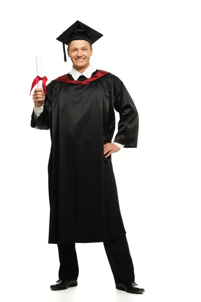 Cheerful young graduated student man isolated on white — Stock Photo, Image