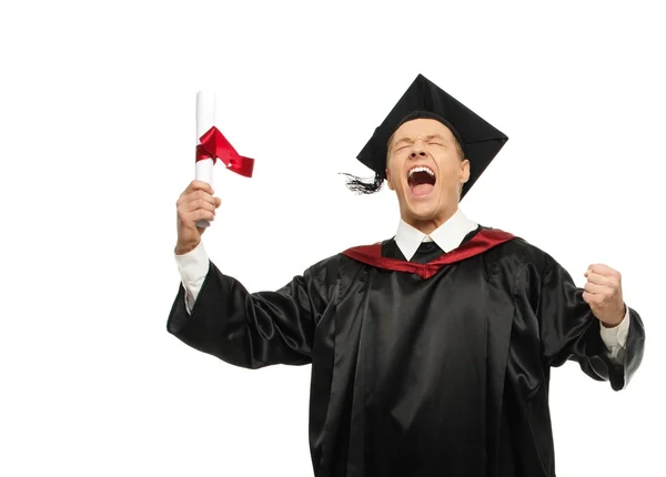 Komik mutlu genç öğrenci adam beyaz izole mezun oldu. — Stok fotoğraf